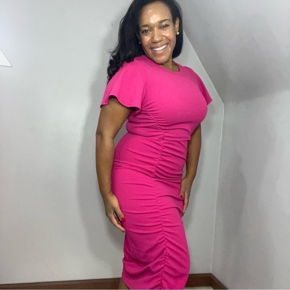 Rachel Roy pink midi dress flutter sleeve fitted bodycon fuchsia dress barbie - Picture 7 of 10